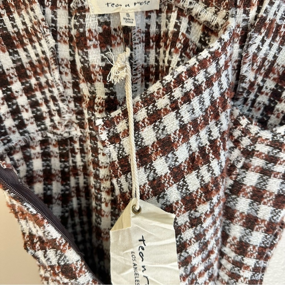 NWT Tea N Rose Brown and White Overall Houndstooth Pinafore Dress Raw Hem - Picture 7 of 12